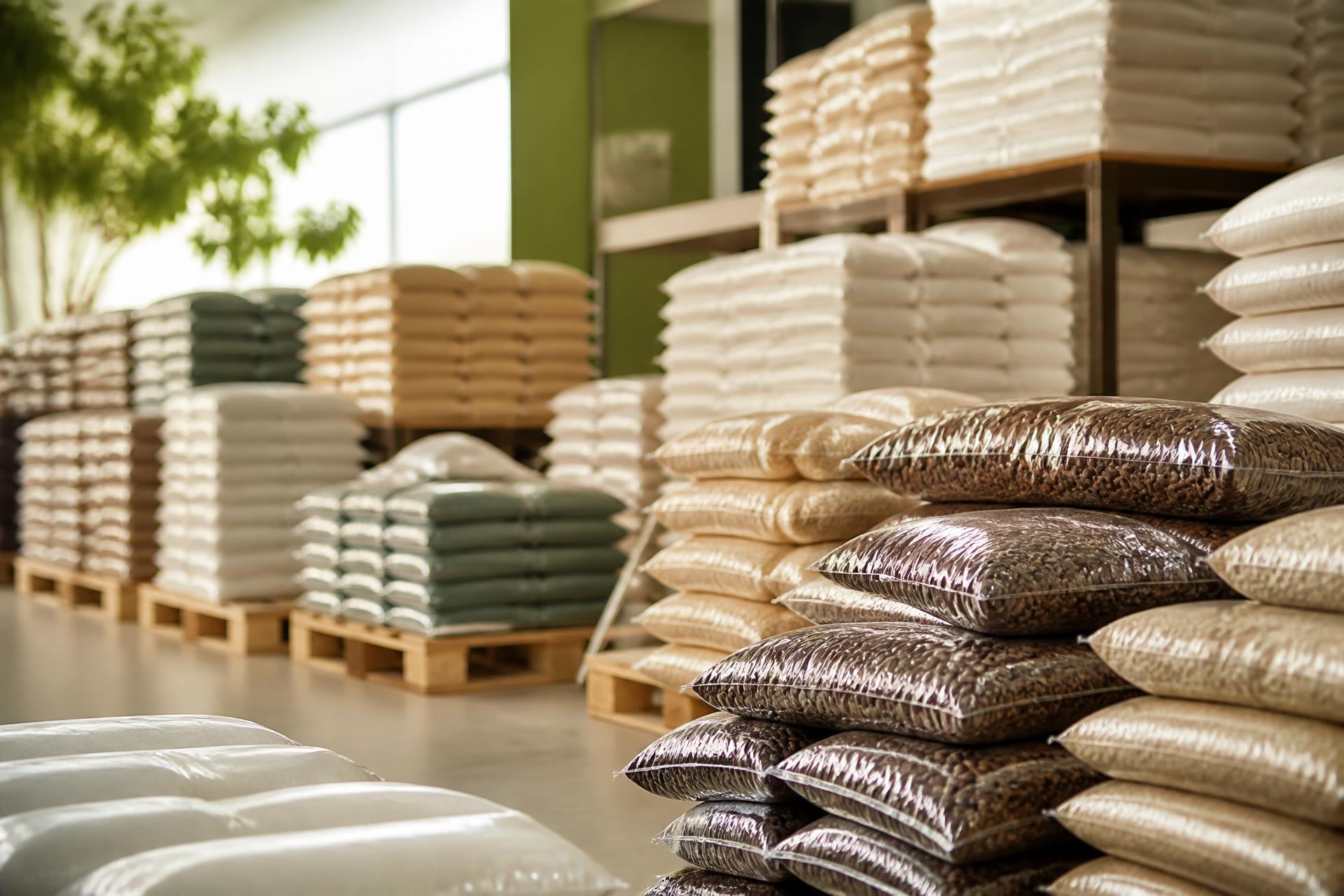 Sacarias e embalagens de alimentos básicos organizadas em ambiente de abastecimento comercial