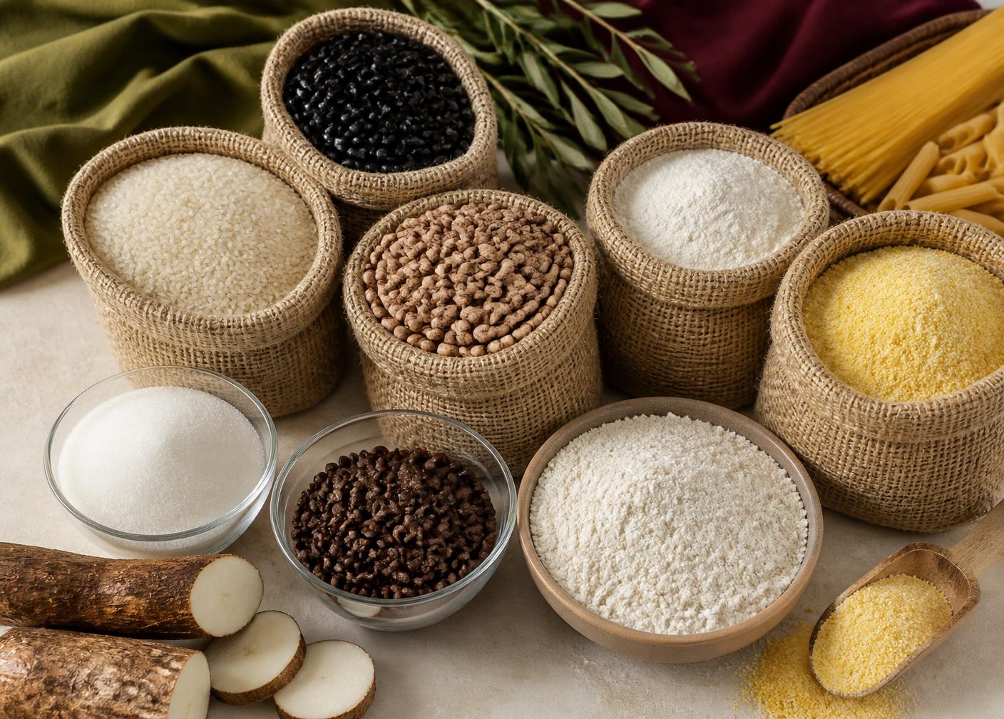 Composição editorial de arroz, feijão, café, açúcar, farinhas e massas